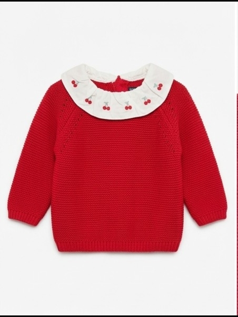 Girls' Red Knit Sweater with Embroidered White Peter Pan Collar
